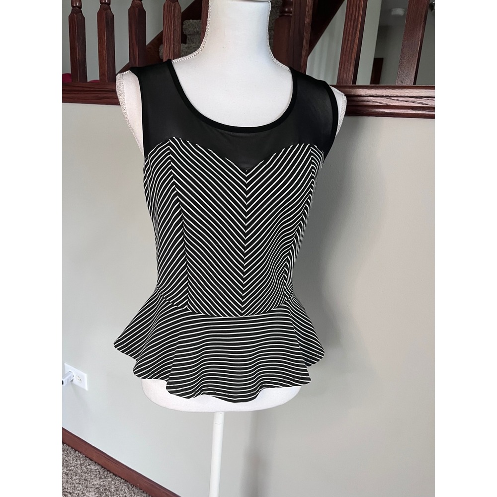 Black White Striped Peplum Top Sheer Mesh Back Keyhole Sleeveless Chevron